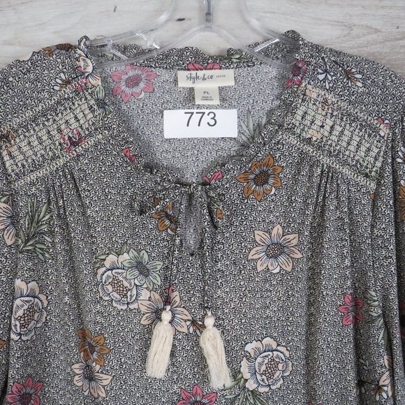 Style & Co.* Women's Long Sleeve Ruffled Boat Neck Keyhole Tassel Blouse~Size PL - Picture 3 of 12